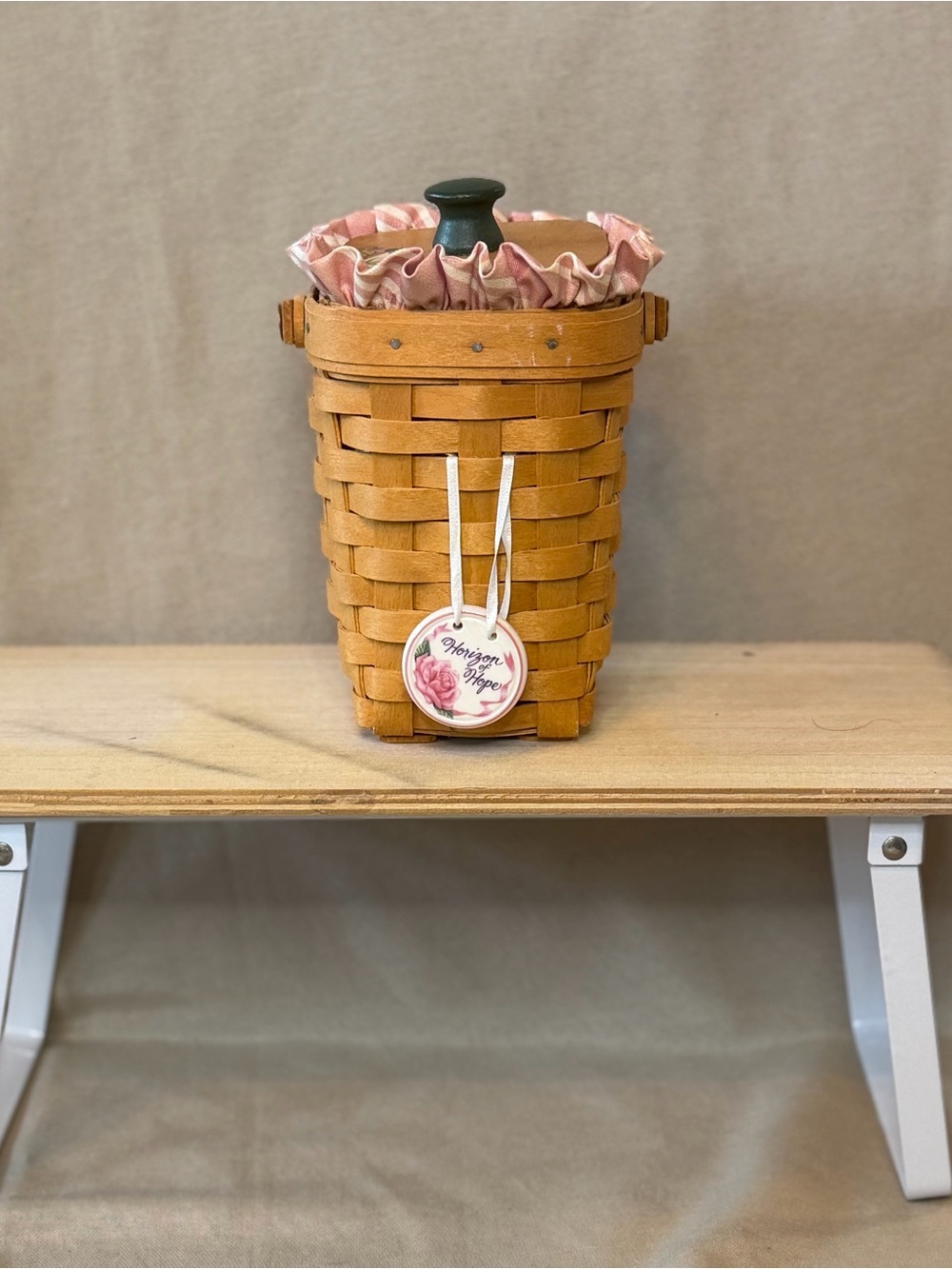 Longaberger brown basket with pink fabric liner Horizon of Hope Lid & Protector
